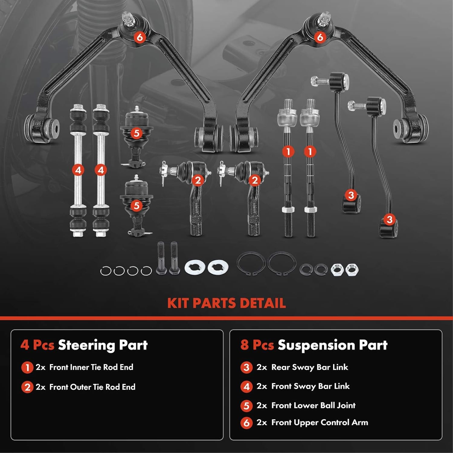 A-Premium Set of 12, Front Upper Control Arm, Lower Ball Joint, Inner Outer Tie Rod End, Front & Rear Sway Bar Link, Compatible with Ford Explorer 1998-2001, Mercury Mountaineer 1998-2001