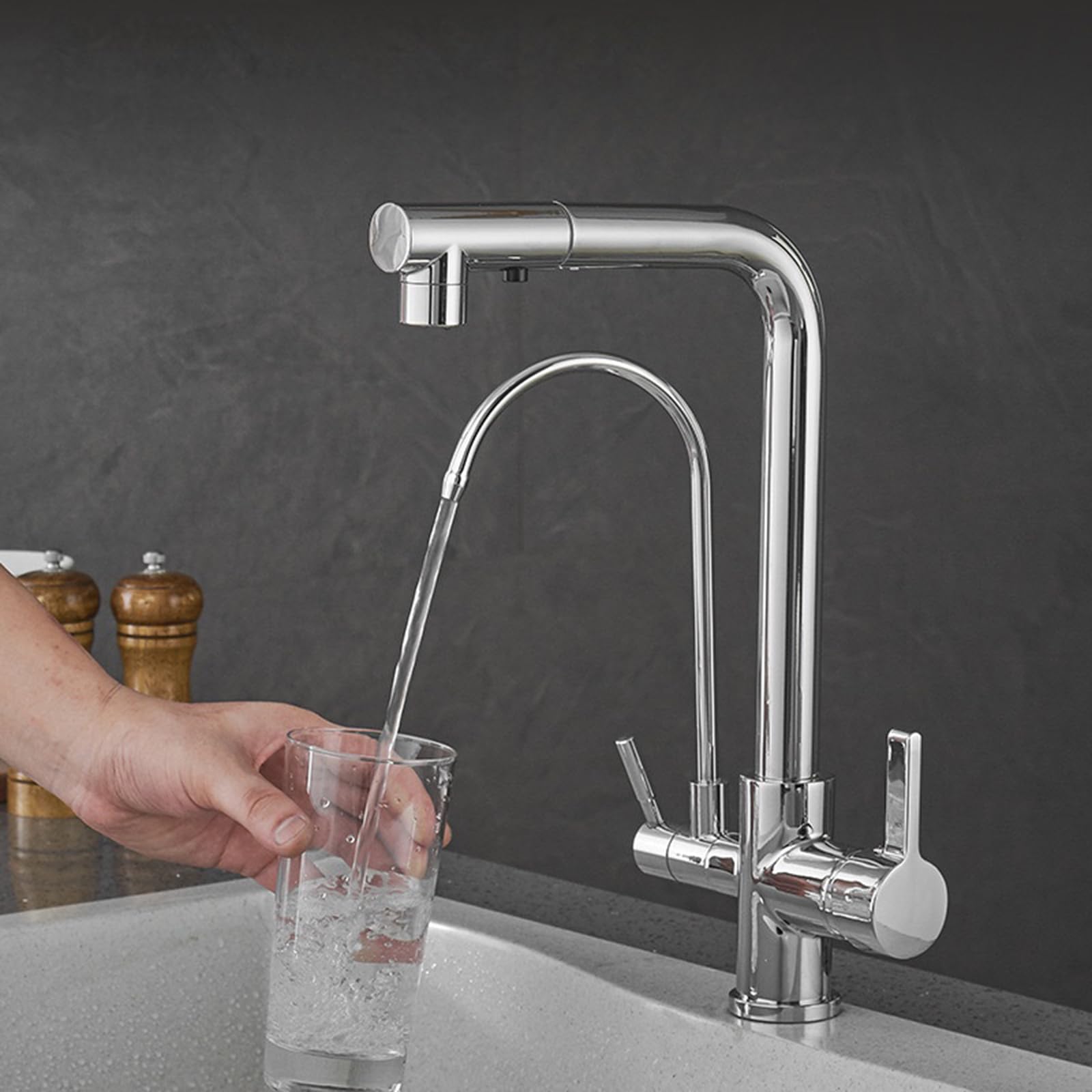 Chromowana 3-drożna bateria kuchenna z wyciąganą głowicą prysznicową i podwójnym trybem filtra wody - łatwa instalacja, elegancki design zapewniający czystą wodę pitną - ulepsz swoją kuchnię