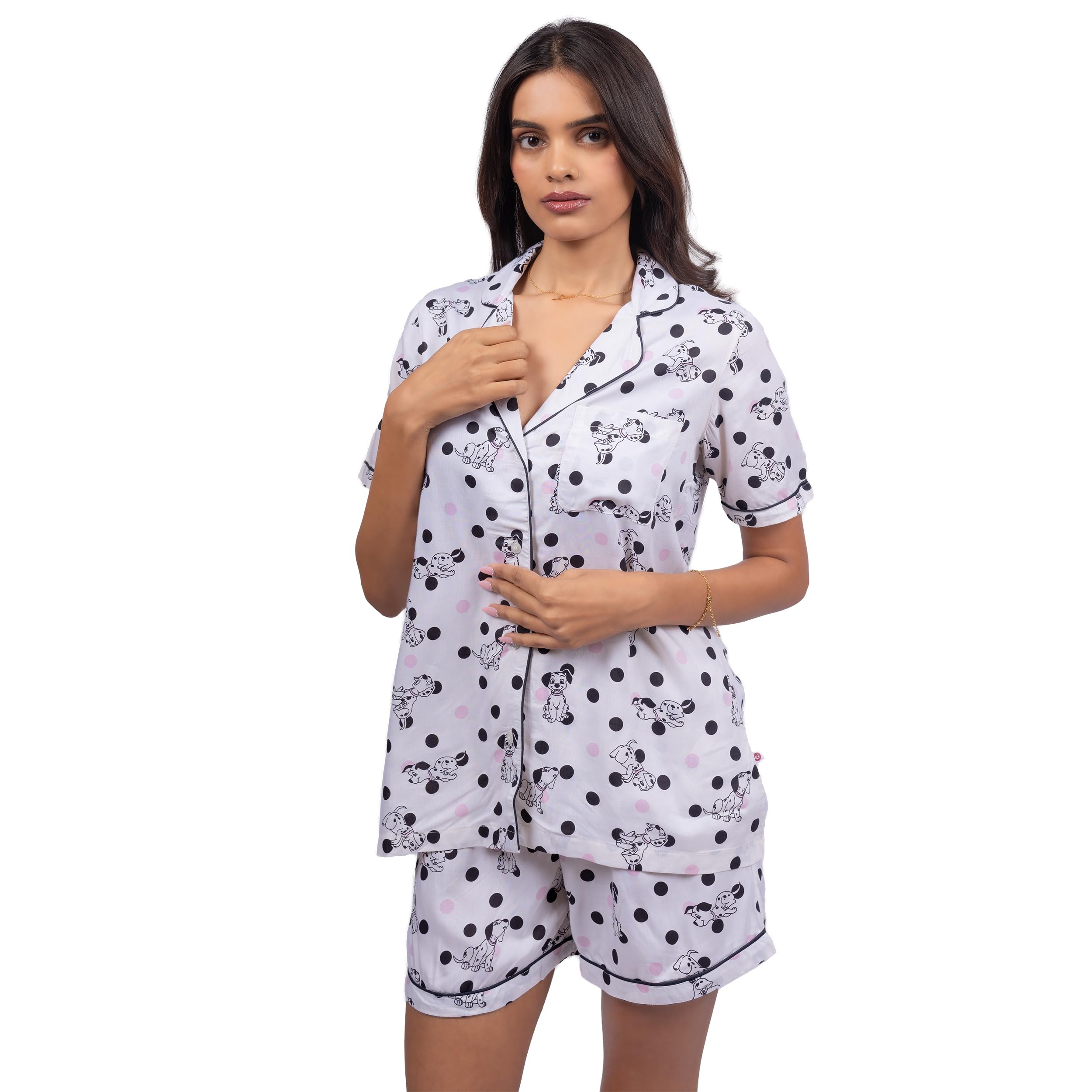 zlaata White Night Suit for Women | Dalmatian Printed Pattern | Lapel Collar Neck with Half Sleeve Design and Chest Pocket | Regular Fit Cord Set for Women Cotton | Pack of 1-picture-23