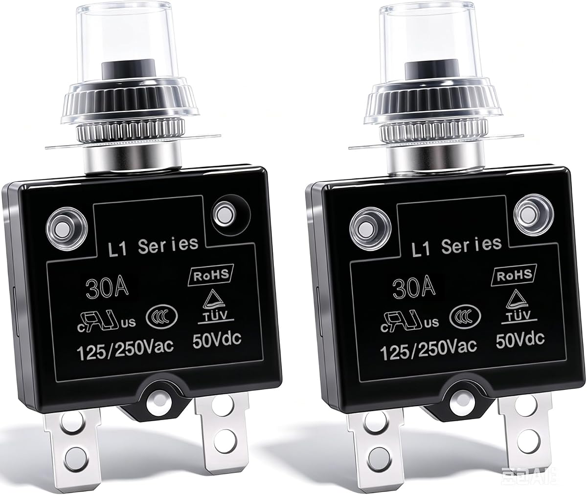 2Pcs 30Amp Circuit Breakers Push Button Manual Reset 125/250V AC 50V DC, L1 Series Overload Protector Switch Thermal Circuit Breakers with Waterproof Button Caps L1-cj-30A