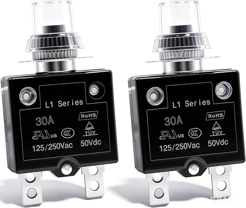 2Pcs 30Amp Circuit Breakers Push Button Manual Reset 125/250V AC 50V DC, L1 Series Overload Protector Switch Thermal Circuit Breakers with Waterproof Button Caps L1-cj-30A