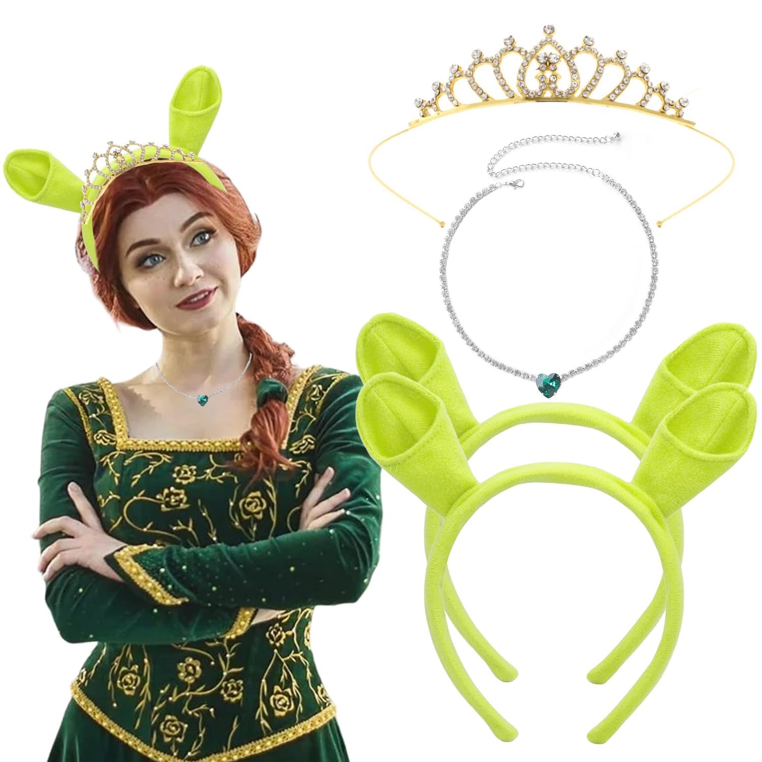 ZSTNPP 4PCS Ears Headband with Crown and Necklace Set for Shrek, Halloween Party for Shrek Costume Accessories, Cosplay, and Themed Events Set for Halloween Cosplay Dress up Party
