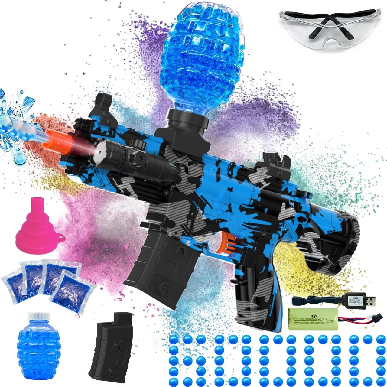 Electric Gel Ball Blaster, High Speed Automatic Splatter Ball Blaster with 40000+ and Goggles, Rechargeable Splatter Ball Toys for Outdoor Activities Shooting Game Party Favors-Blueblack