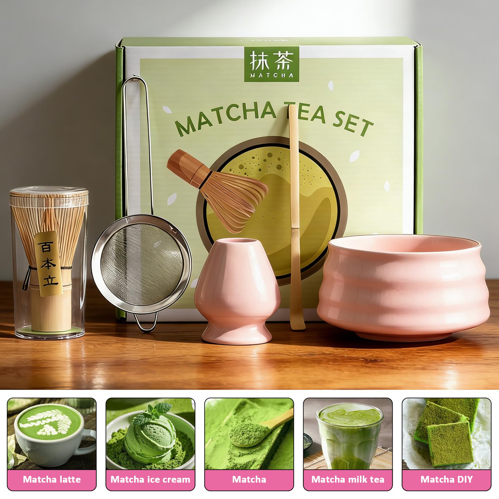 Matcha Kit 5 Pezzi per Principianti, Kit Matcha Completo con Ciotola e Supporto, Cucchiaio, Frusta in Bambù per Cerimonia Tè Matcha Artigianale