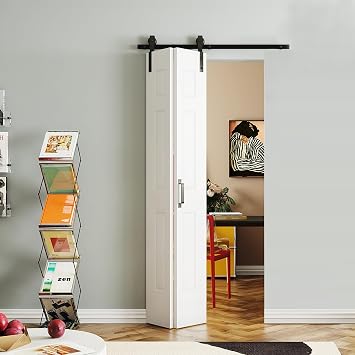 Bifold Barn Door, 24" x 84" 6-Panel Hollow Core Folding Door with Complete Hardware Kit Set, Single Sliding Closet Door Slab, 2.33FT Track for 2 Doors, MDF, White