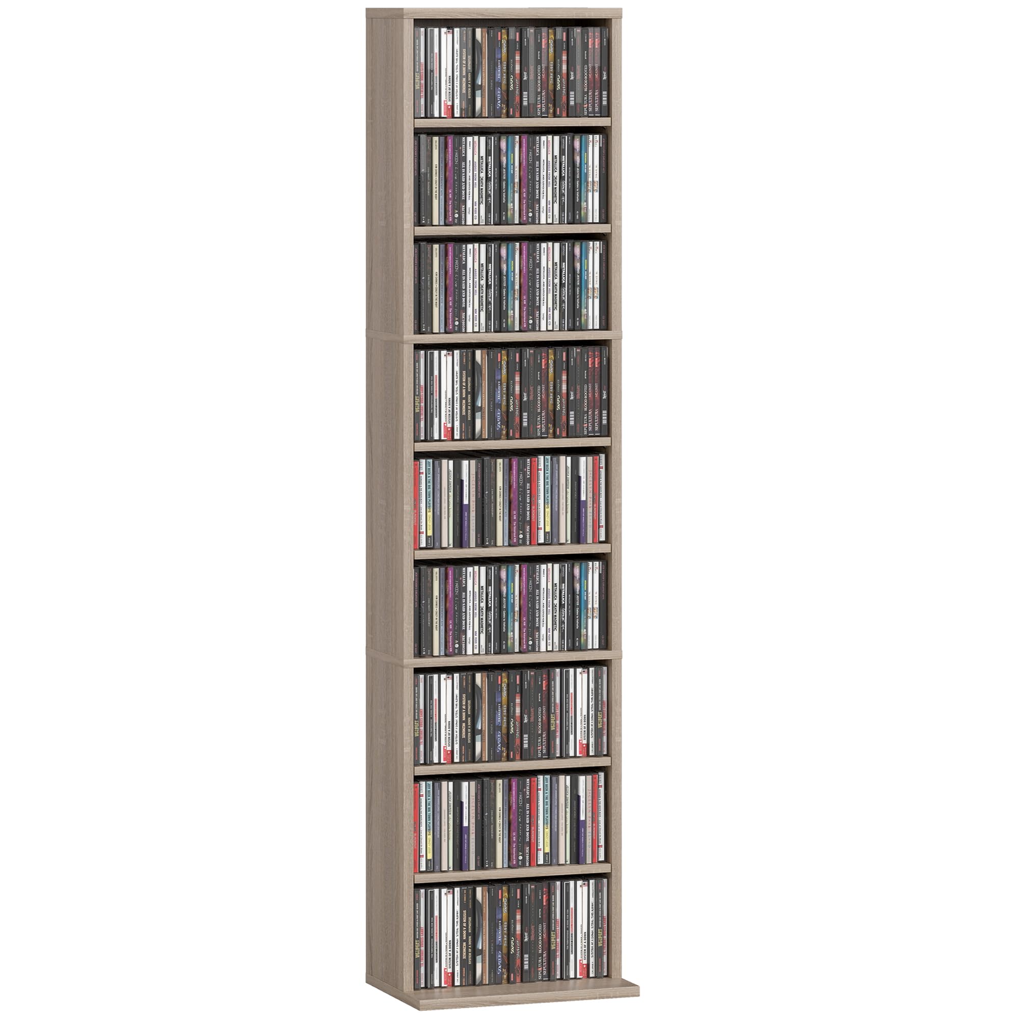 HOMCOM Rangements pour CD et DVD, meuble de rangement multimédia, capacité max. 260 CD/120 DVD, 9 compartiments et 6 étagères réglables, pour salon, chambre, bureau, 33 x 24 x 140 cm, bois naturel