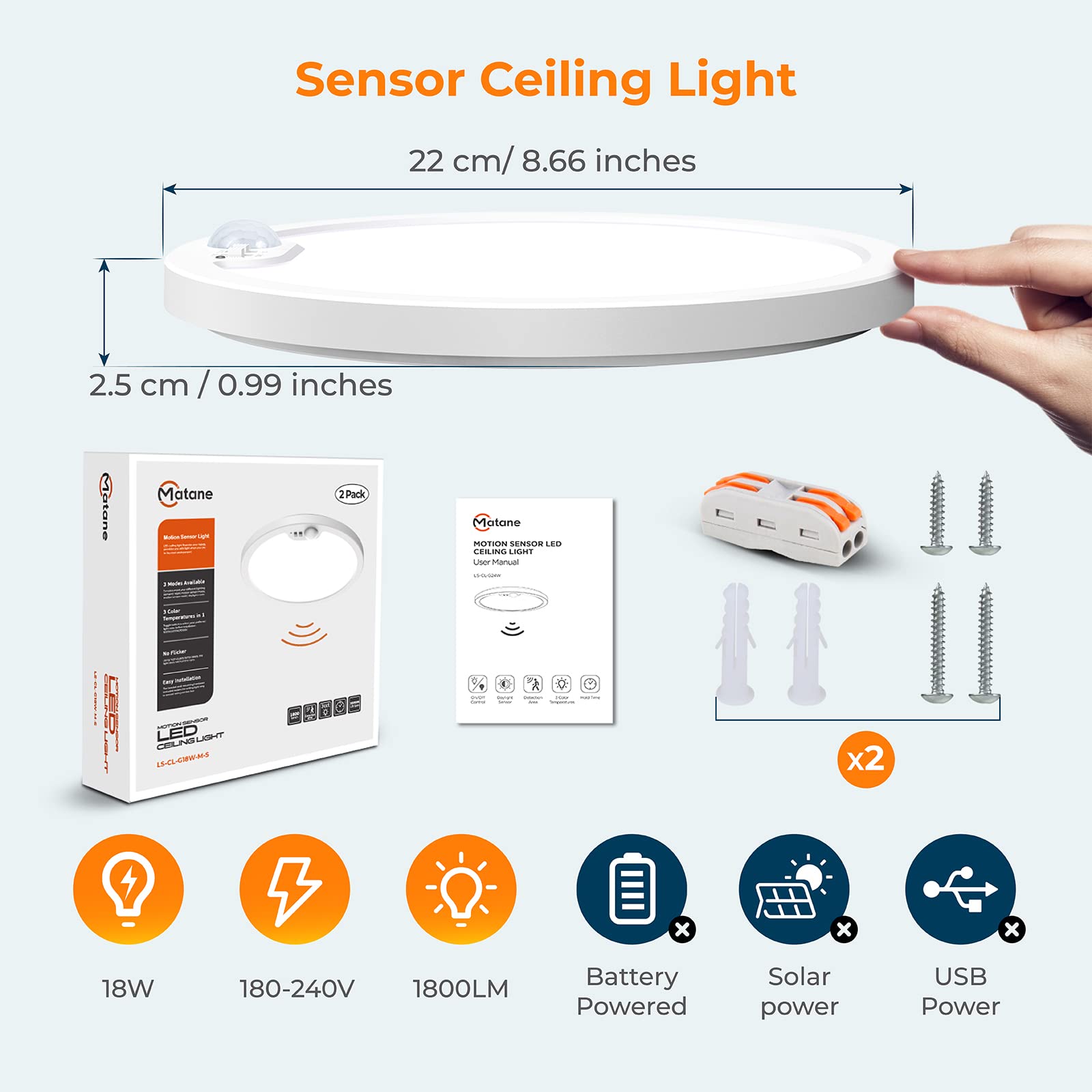 Matane [2 Pack] Plafoniera LED Soffitto Luce con Sensore di Movimento da Interno, 18W 1800LM Lampada, Bianco Caldo/Neutro/Freddo Luce Notturna Armadio Bagno Garage Corridoio Balcone 22cm