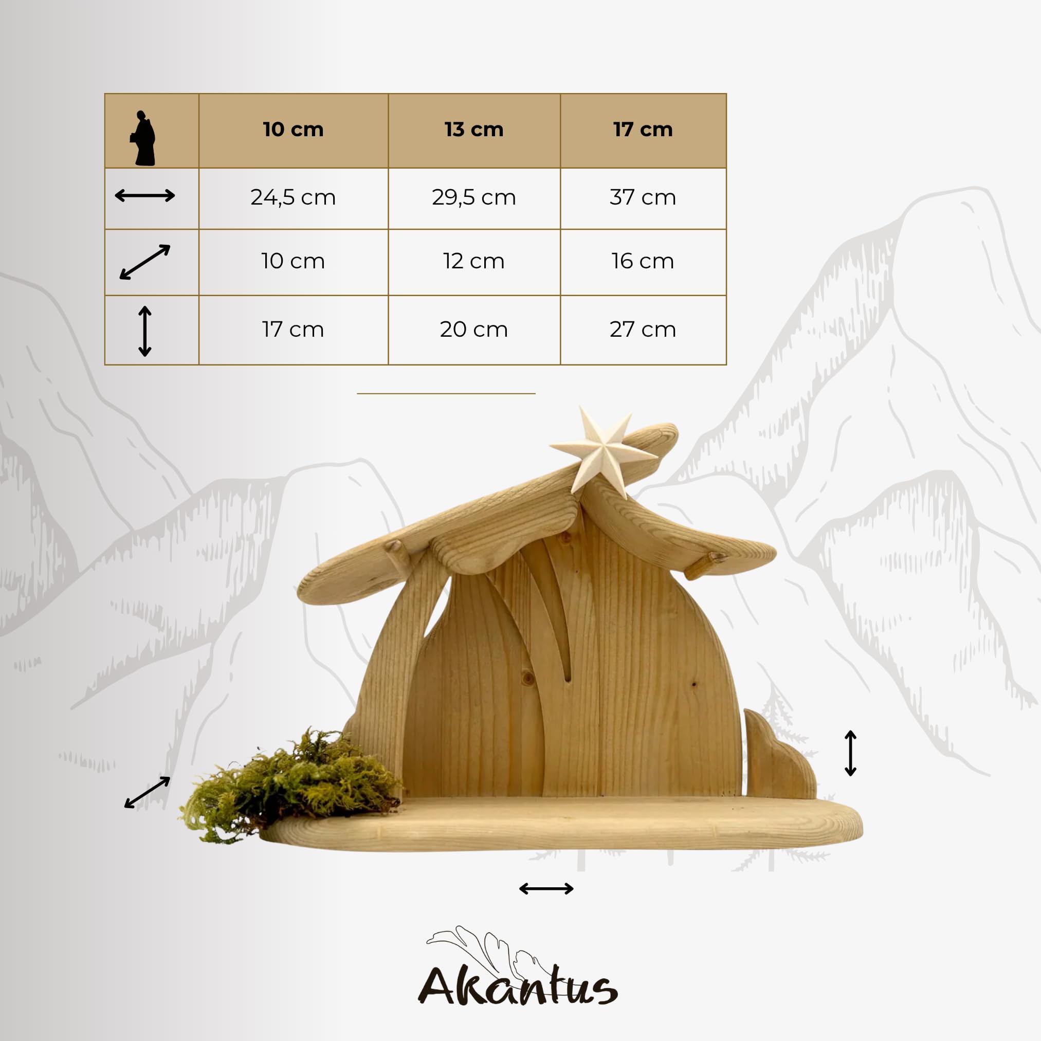 Akantus Leonardo Weihnachtskrippe aus Holz: 8er Set mit Stall HL.Nacht klein (8,5 cm, Natur)