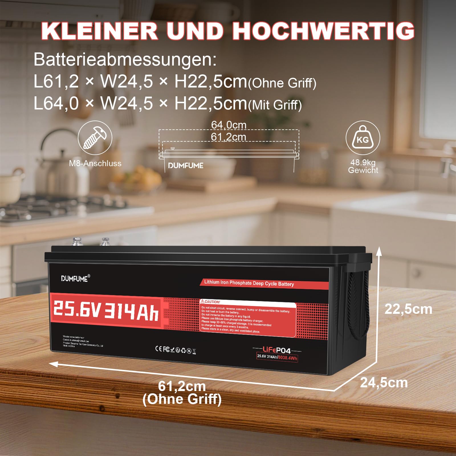 24V 314Ah LiFePO4 Lithium Batterie mit 200A BMS, 15000 Tiefentladen Zyklen 300Ah LiFePO4 Batterie, IP65 & Kälteschutz Solarbatterie, 8kWh Energie für Wohnmobile, Boote und Heimspeicher