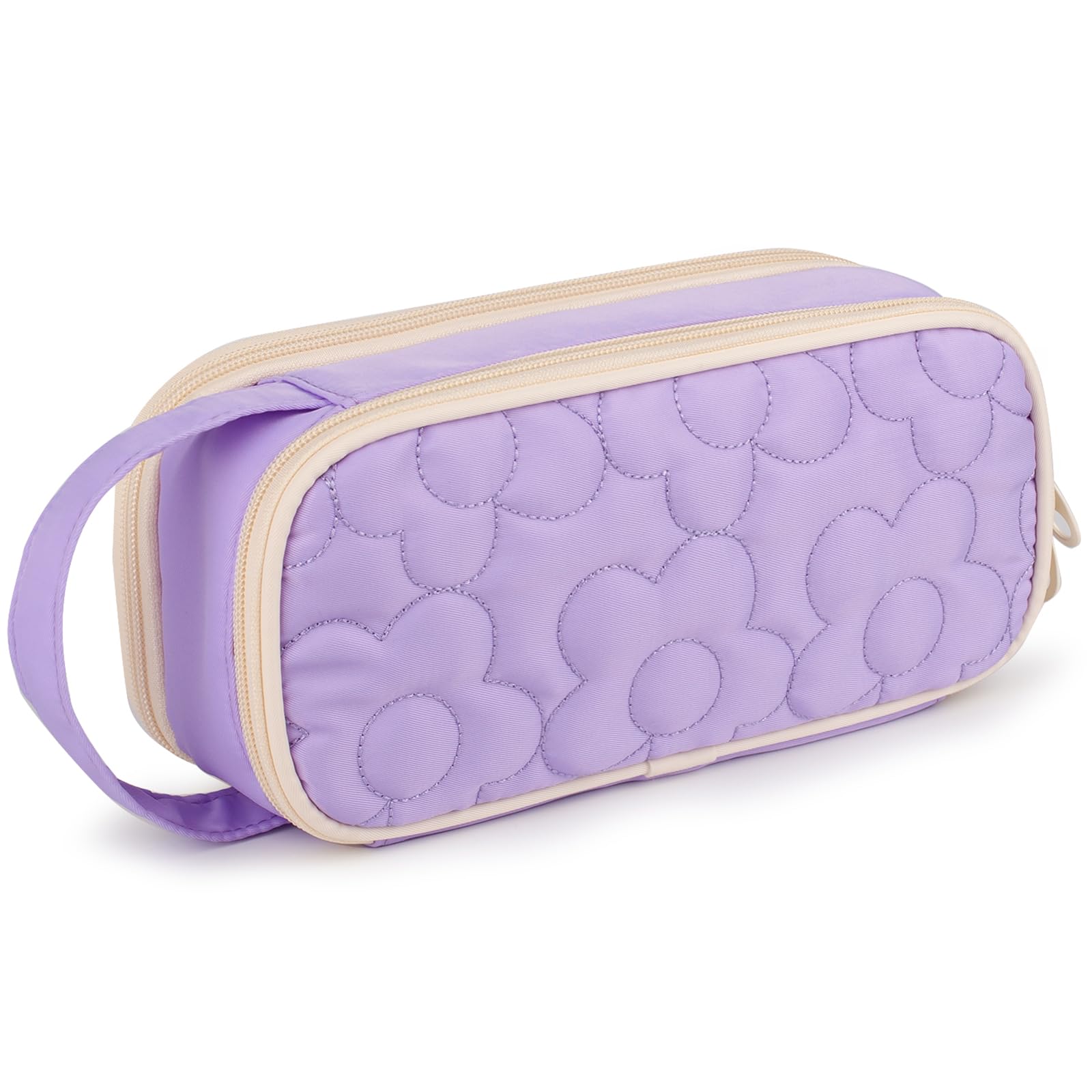 Bunnychic Pencil Case for Girls,Flower Quilted Large Capacity Pencil Pouch with 2 Compartment, Zipper Pencil Bag with Handle, Women Soft Pencil Box for Middle School Office College — image 1