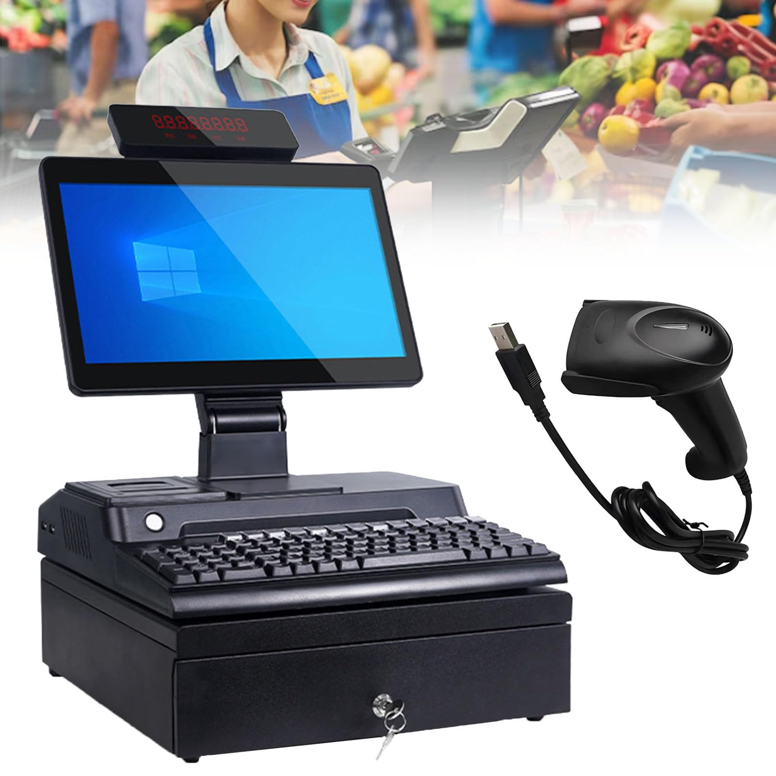 PtaTritious POS Cash Register for Small Business, Cash Register for Retail, with 15.6-inch Touch Screen PC, 58mm High-Speed Printing, for Business and Business, Windows 10 A-8+256GB