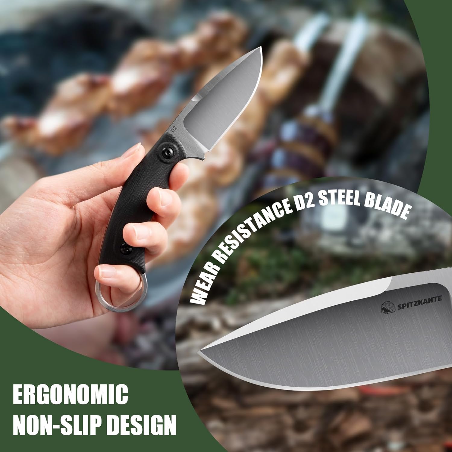 6.92" Survival Fixed Blade Knife SSH-A with Rotating Clip (360° Adjustable Belt Clip), D2 Steel Full Tang Survival Horizontal Carry Knife with Kydex Sheath, Silver Blade – Black Micarta Handle