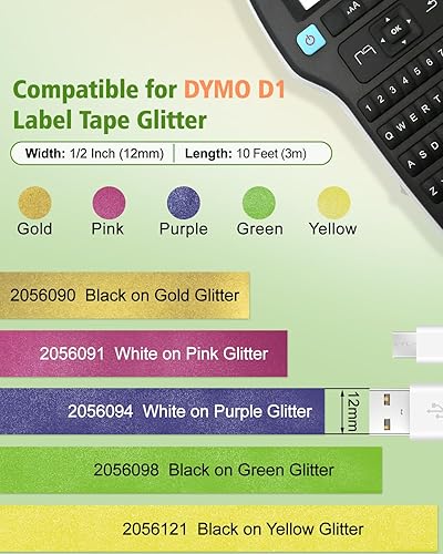 Miniatura 2 de RAEMALL Repuesto para rotuladora Dymo D1 2056090 2056091 2056094 2056098 2056121 OroRosaPúrpuraVerdeAzul Glitter Cinta de etiquetado Uso para