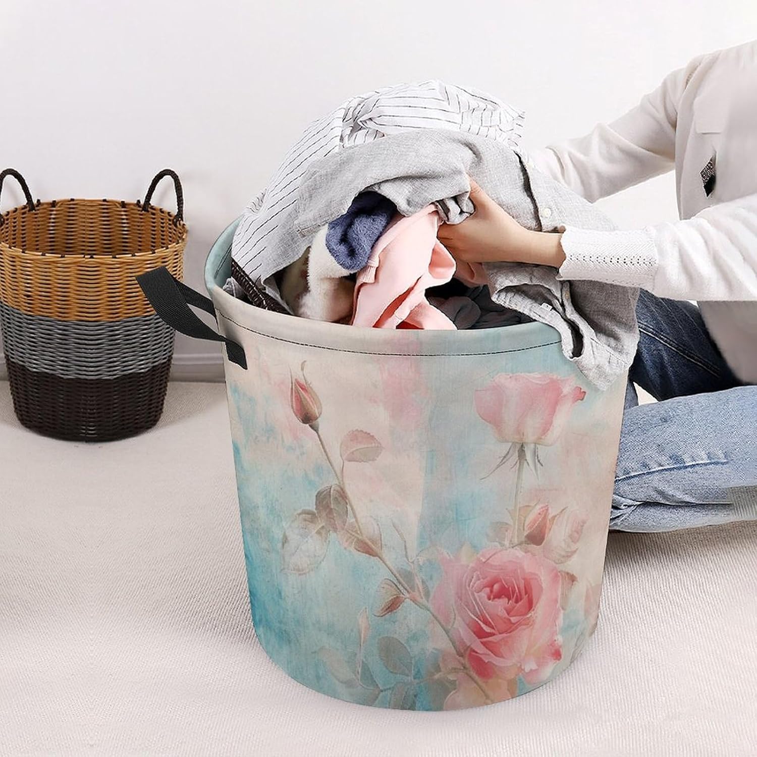Retro Shabby Chic Laundry Basket Collapsible Laundry Hamper Waterproof Oxford Fabric Dirty Clothes Hamper with Handles Round Large Storage Baskets for Bathroom Bedroom Dorm Cloakroom