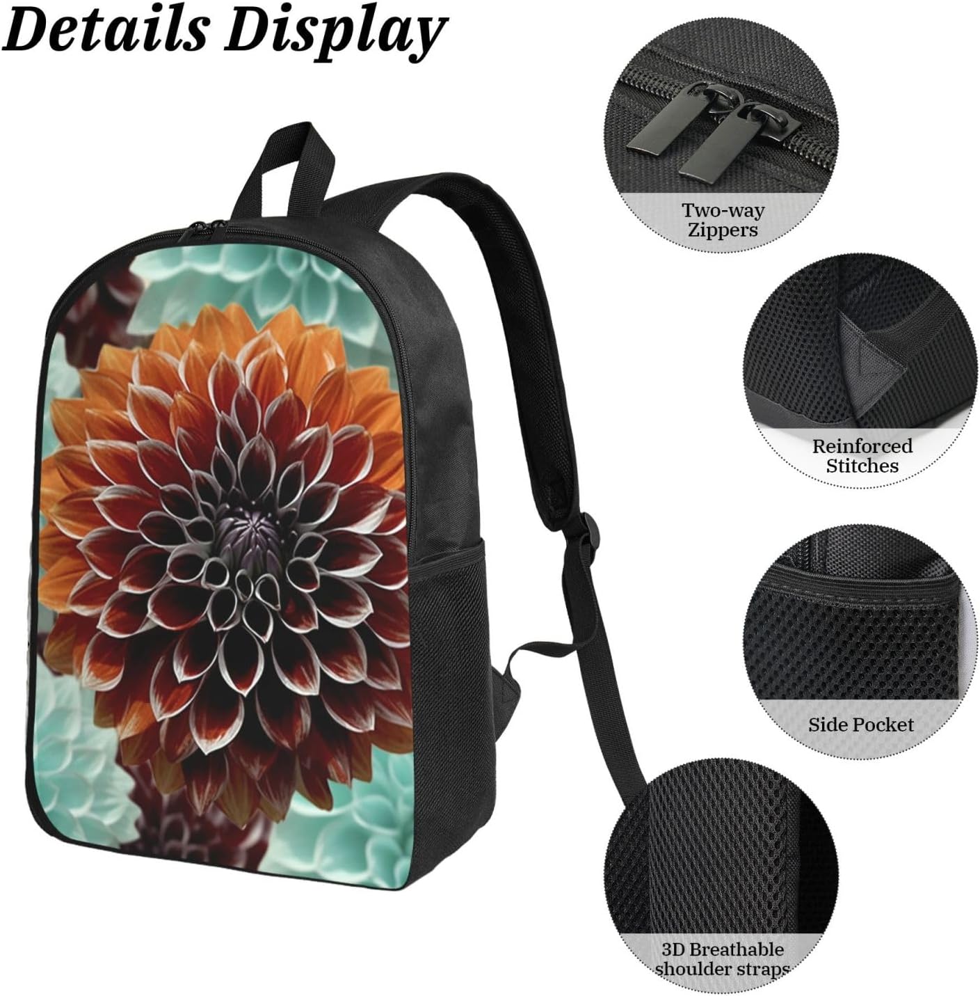 Dahlia Flower Backpack Set 3 PCS - 17 Inch Laptop Backpack with Lunch Bag, Waterproof Daypack Insulated Lunch Box Large Capacity Coin Pouch Personalized Gift image 5