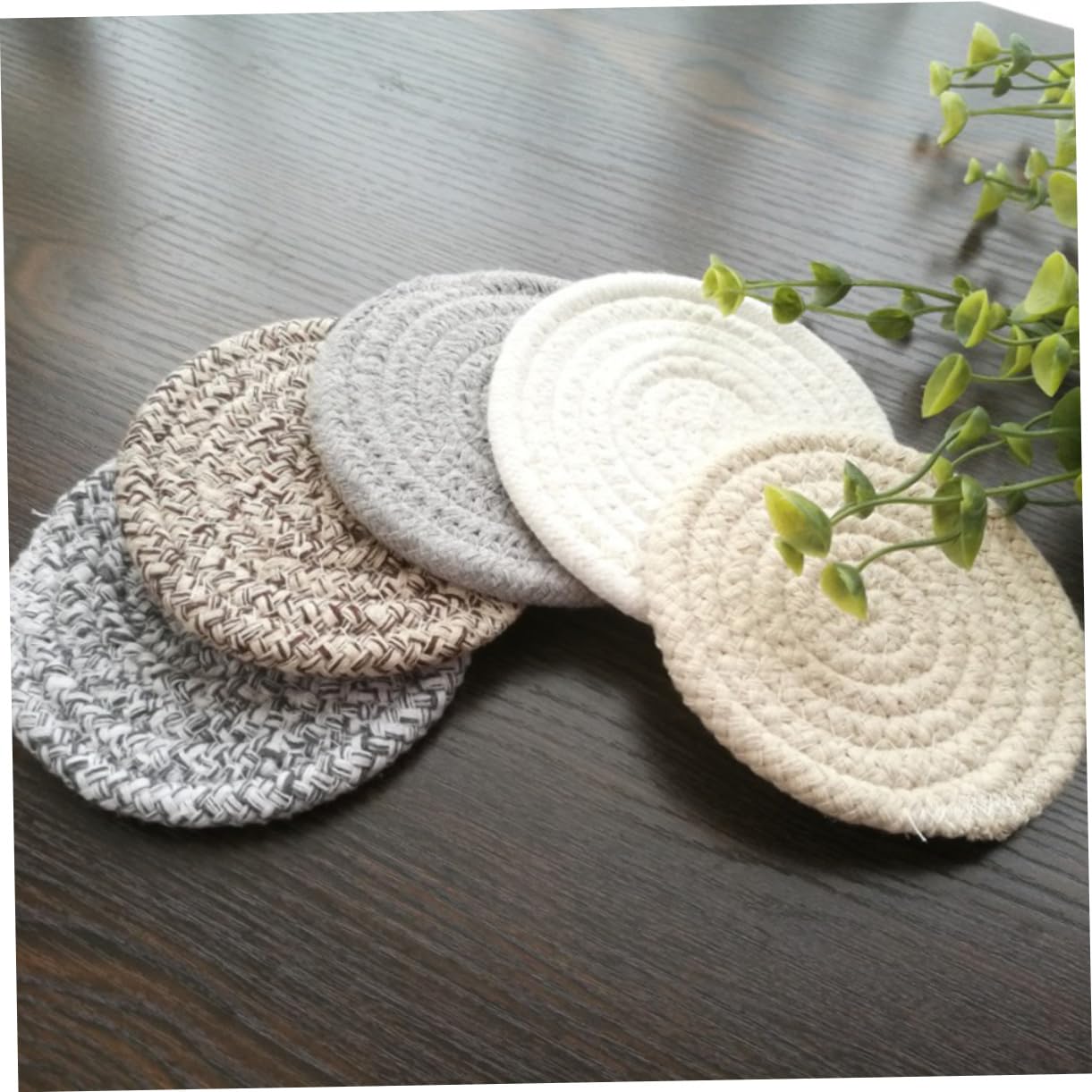 4 Sottobicchieri Rotondi Intrecciati In Cotone – 19,5 Cm, Termici E Assorbenti Per Cucina – Bianco, Grigio, Beige - 2