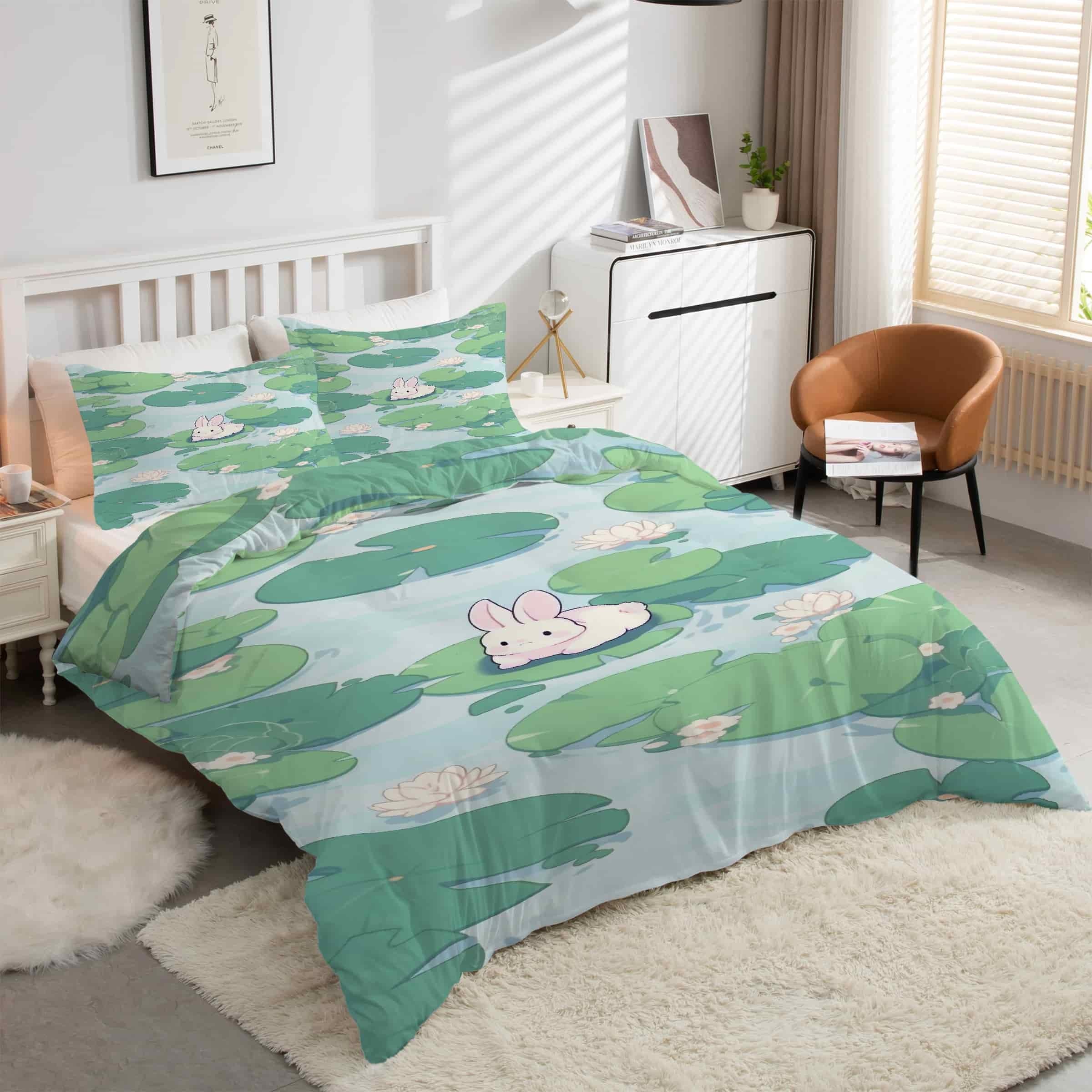 Housse couette en microfibre douce motif lapin lit 2 personnes avec fermeture éclair