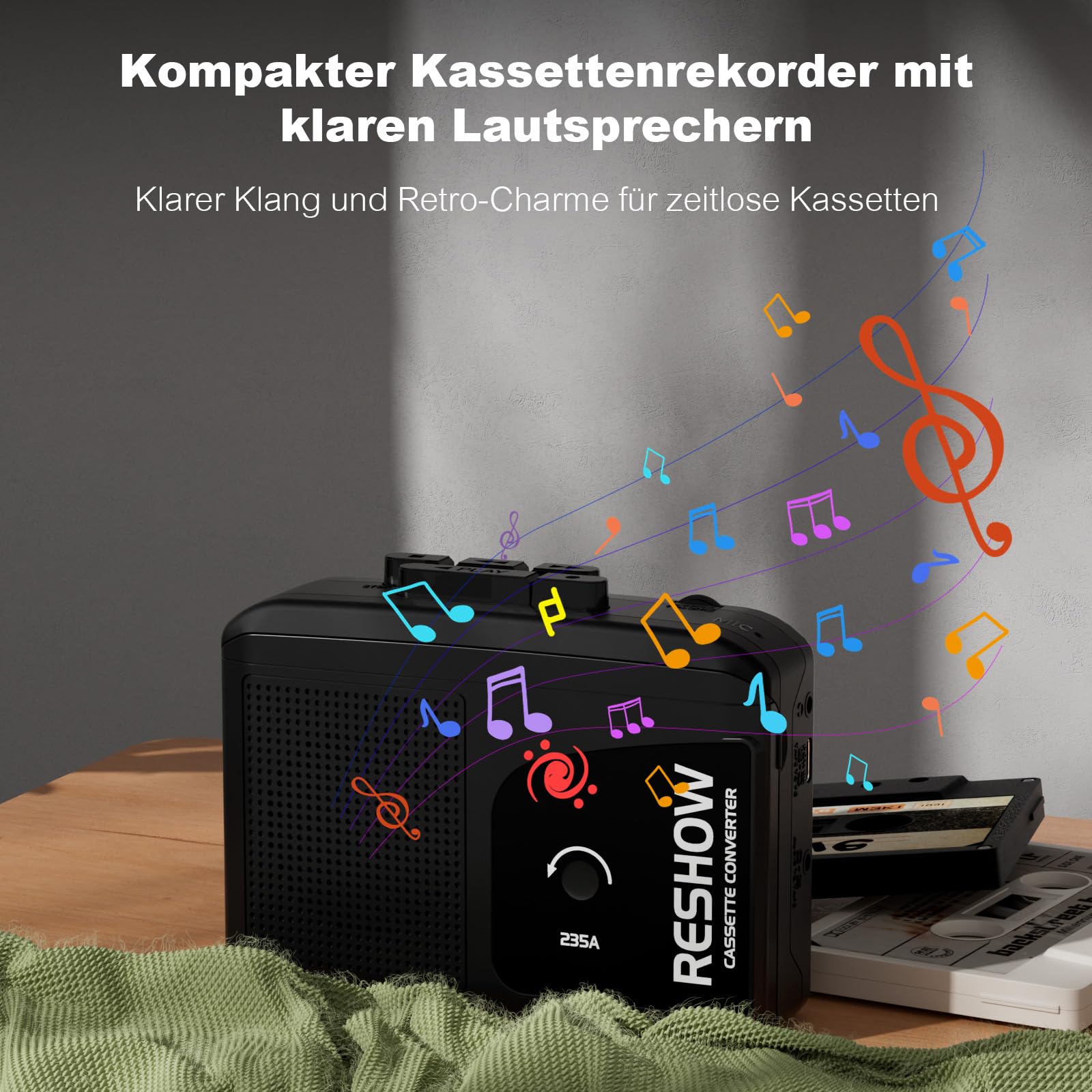 Reshow Registratore a cassette portatile con microfono integrato e altoparlante convertitore USB MP3 nero