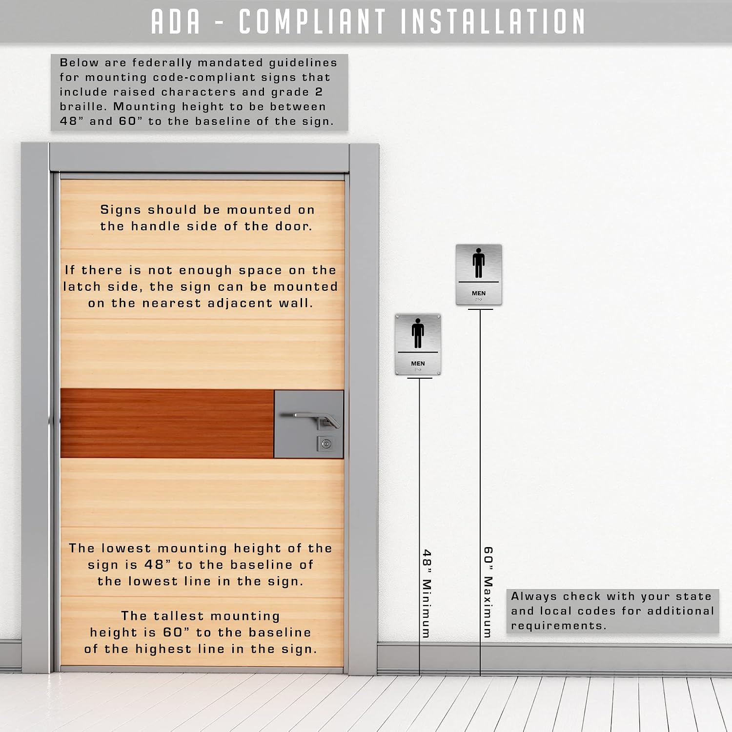 Modern Office Business Restroom Sign - Men - 6"x8" Brushed Steel Look - ADA Compliant