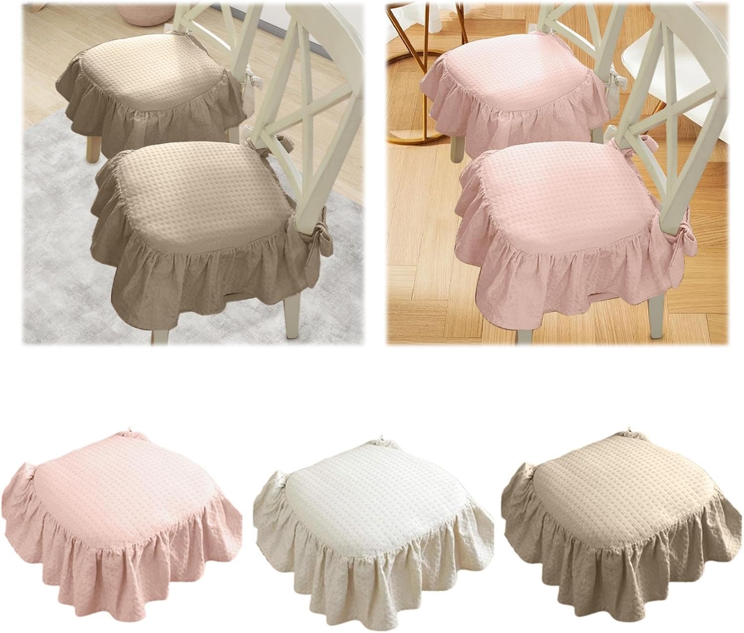 Ruffled Chair Cushions, French Cotton Seat Cushion, 17inch Ruffled Chair Cushion for Kitchen Dining Room Chairs with Ties and Cotton Filled (1, Pink)
