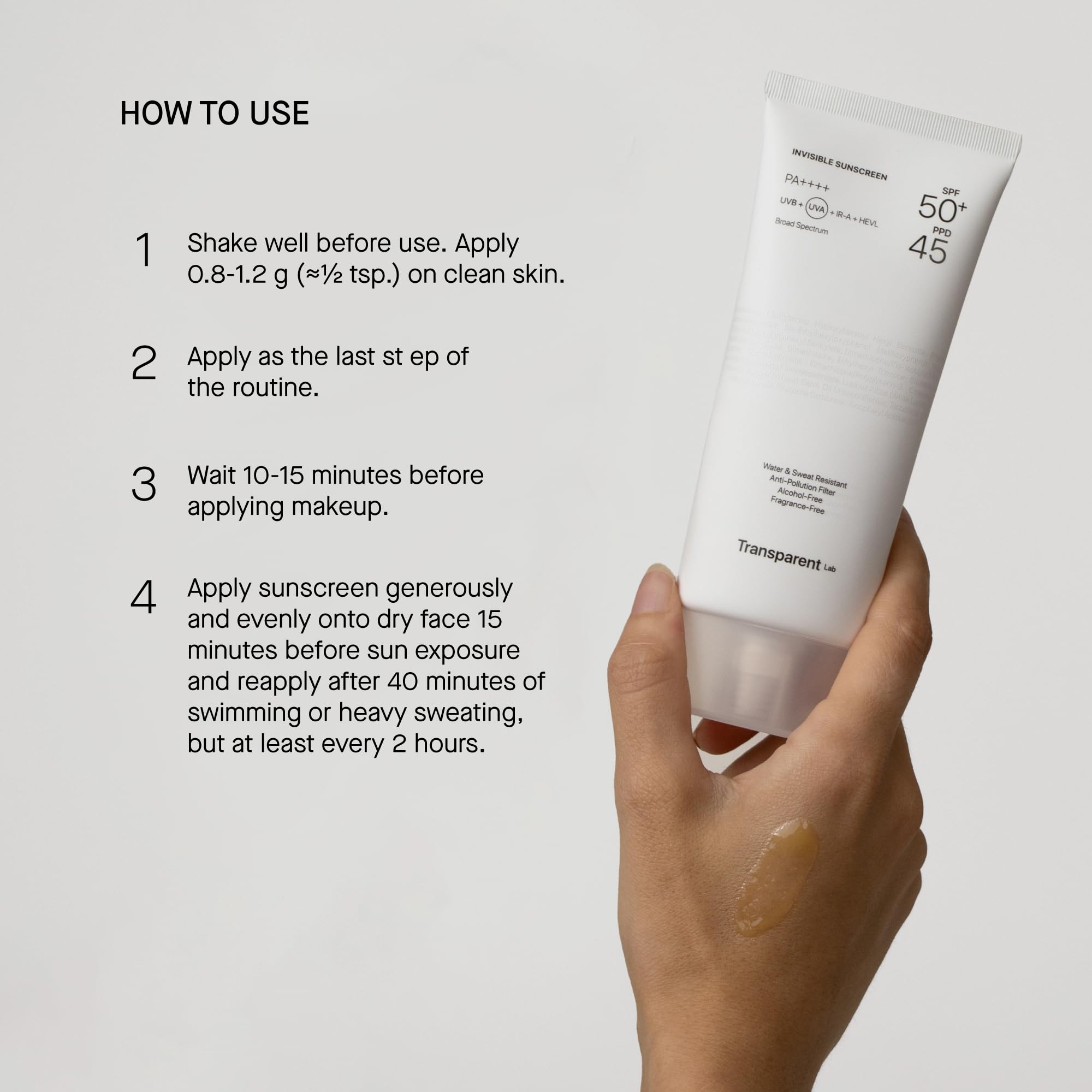 Transparent Lab Invisible Sunscreen SPF50+ 100 ml – Crème solaire visage, Vitamine C, Céramides, Vitamine E, haute protection contre les UVA/UVB et la lumière bleue, texture sèche sans traces blanches