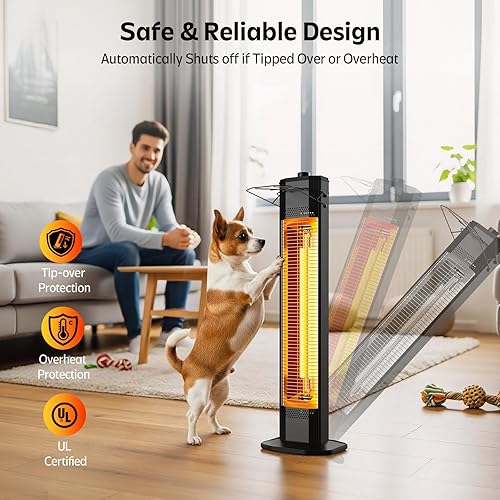 Miniatura 6 de Calentador eléctrico para patio al aire libre, calentador de torre infrarrojo de 34 pulgadas de 1500 W con calentamiento instantáneo, protección