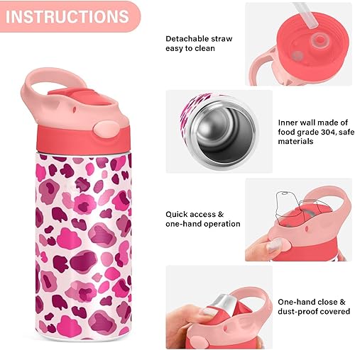 Miniatura 5 de Kigai Botella de agua para niños con estampado de leopardo degradado, botellas térmicas de metal reutilizables con aislamiento de acero inoxidable,