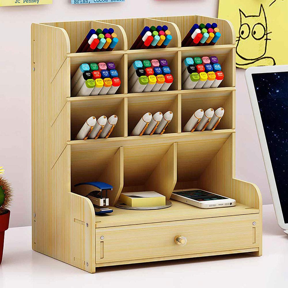 Grande capacité de rangement de bureau, multifonction pour fournitures de bureau, fournitures de papeterie, boîte de rangement en bois massif support de rangement pour étagère à débris B13 jaune clair