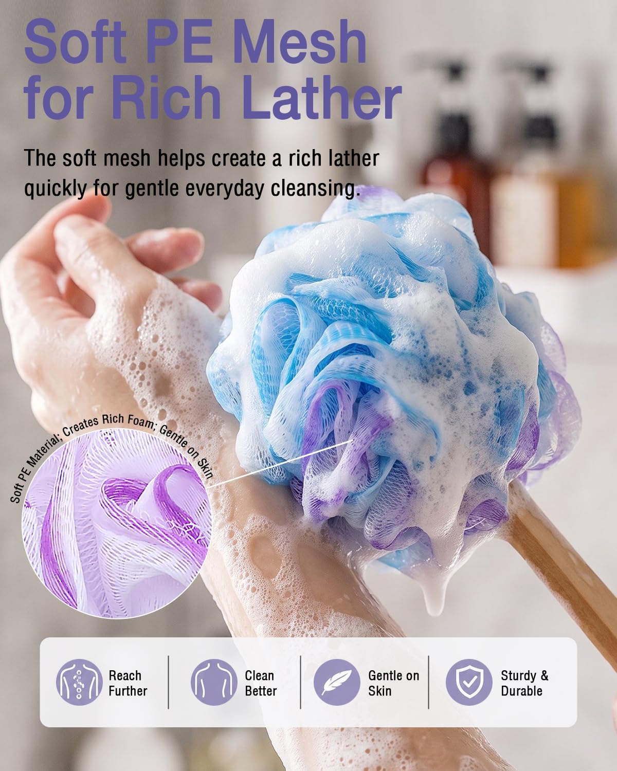 FORENEE Loofah on a Stick, 19 Inch Long Handle Back Scrubber for Shower