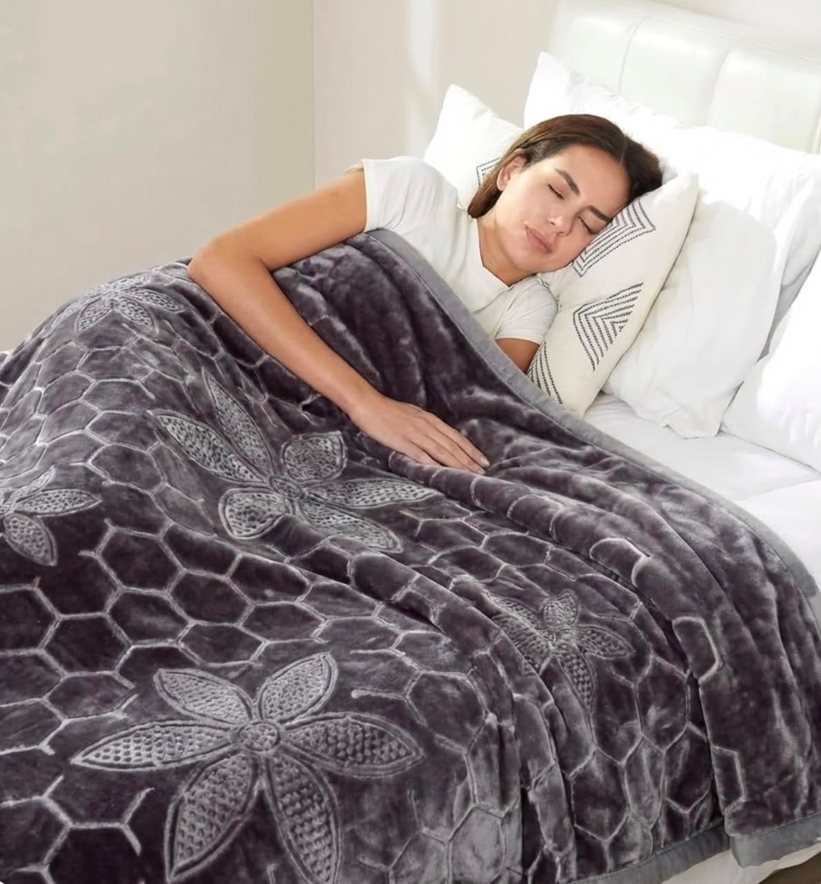 Hiyoko 11.5lbs Heavy Embossed Blanket 2Ply Reversible - Thick Warm Plush Korean Mink No-Lints, Valentine’s San Marcos Fleece Blanket, Adult Mexican Blankets 85" x 95" Gray/Beige