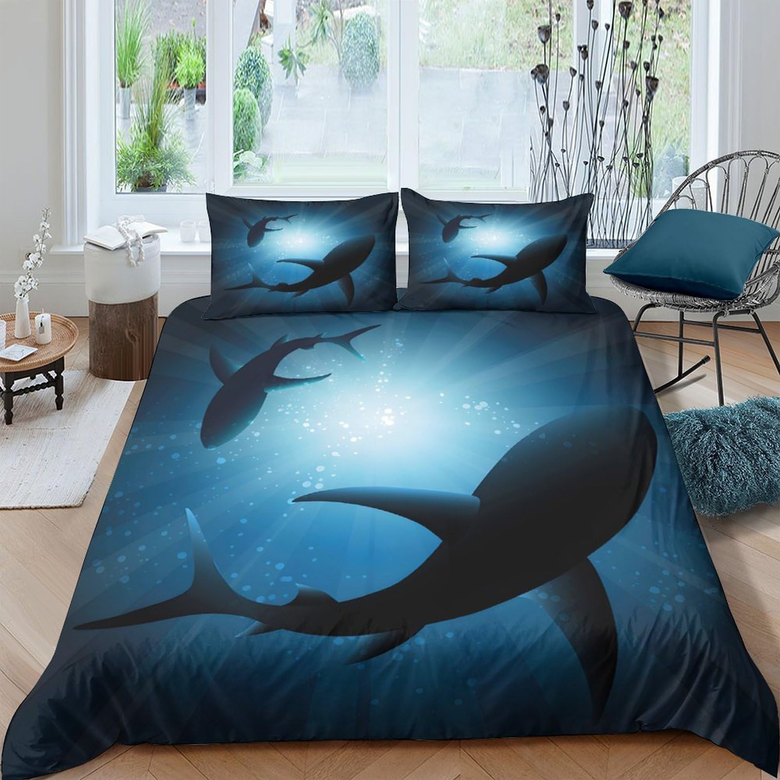 Ctjqhvkz Style-1 3D Printed Shark Ocean Fitted Sheet Microfiber Deep Blue Underwater Mattress Cover For Modern Bedroom Dorm Decor Single（135X200cm）