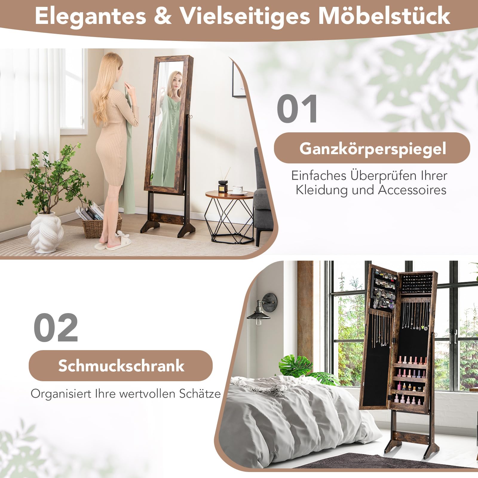 COSTWAY Schmuckschrank neigungsverstellbar, Schmuckregal mit Ganzkörperspiegel, Schmuck Spiegelschrank mit 64 Ohrringschlitzen, 20 Halskettenhaken, 72 Ringschlitzen, 4 Ablagen (Braun)