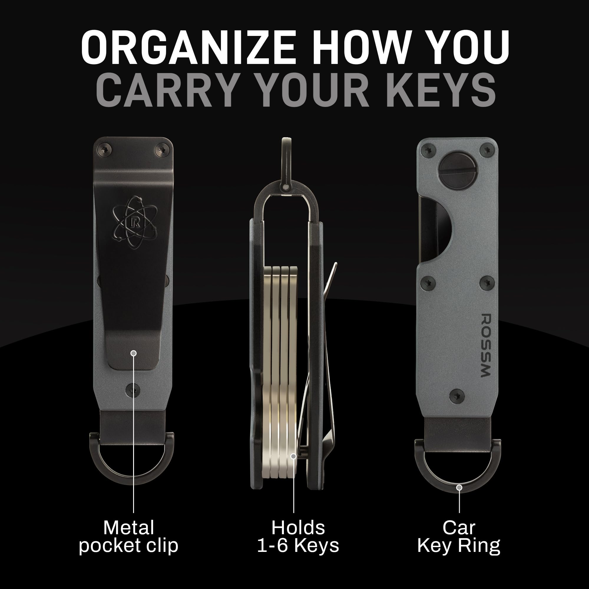 ROSSM Organizer na klucze – kompaktowy metaliczny uchwyt na klucze | Minimalistyczny innowacyjny uchwyt na klucze | Inteligentny brelok zabezpiecza 2-6 kluczy