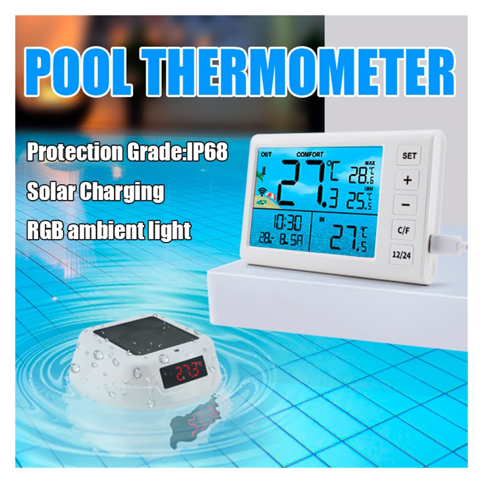 Termometro Digitale Solare Wireless for Piscina, misuratore di Temperatura for Il Nuoto con luci RGB dinamiche, Timer e Schermo LED.(White)