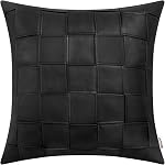 BRAWARM Couvertures d'oreillers en cuir faux 20 X 20 Pochettes, Couvertures d'oreiller en cuir noir 2, Oreillers décoratifs en cuir cousu à la main pour canapé-lit Salon Maison Jardin