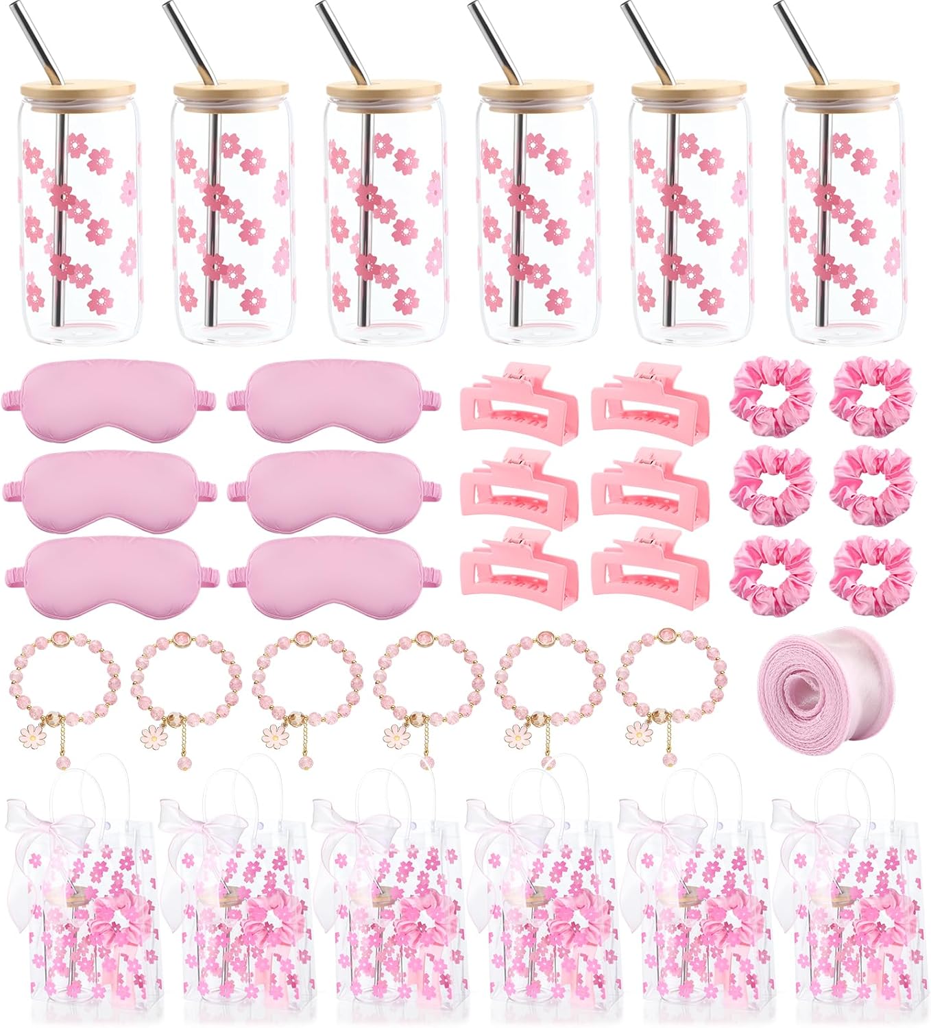 Vesici 42 Pcs Spa Sleepover Party Supplies Bulk for Women 6 Set Slumber Spa Birthday Gift Party Favor with Glass Cup, Eye Mask, Hair Tie, Hair Clip, Bracelet, Tote Bag, Ribbon(Daisies,Green)