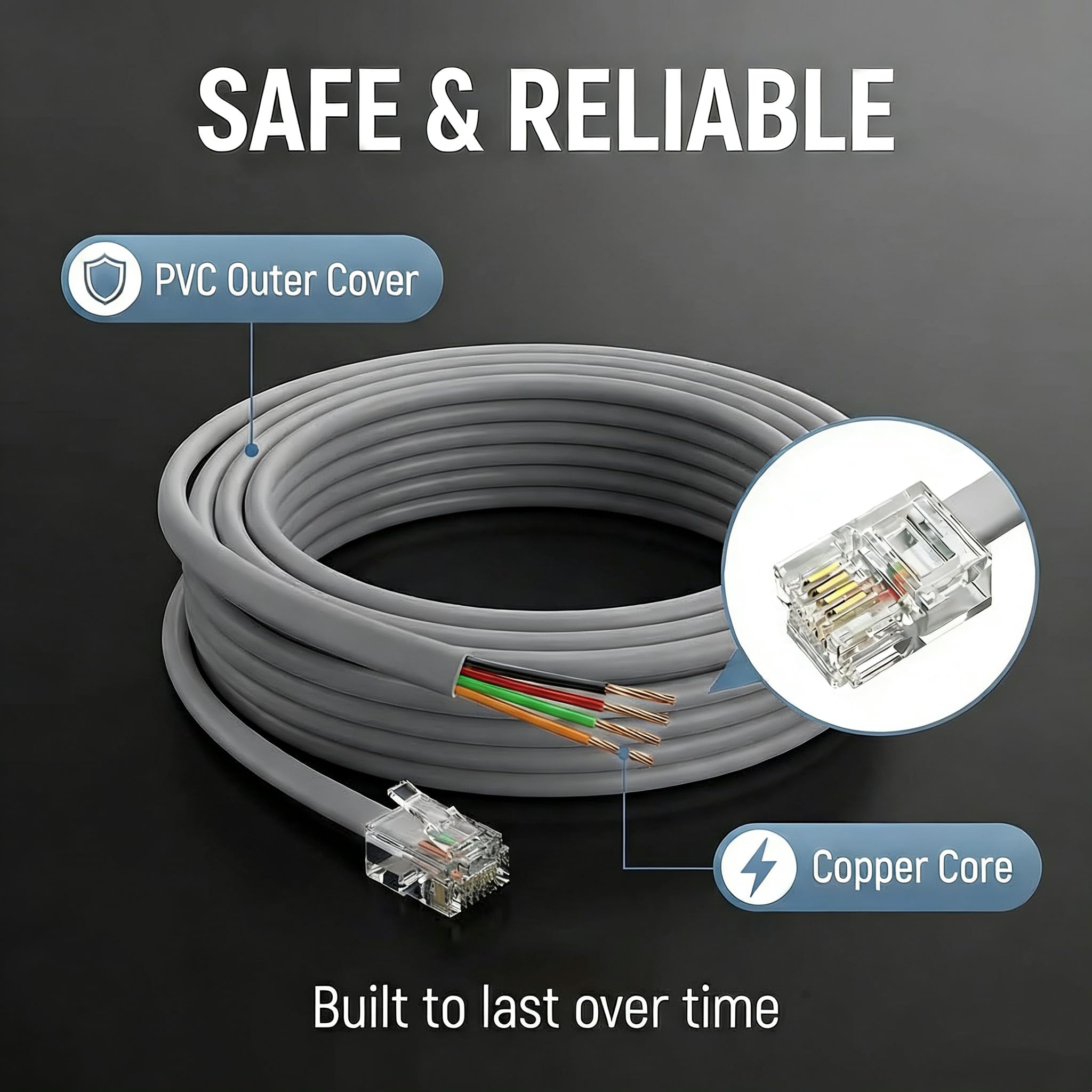 ZTOXLR Phone Extension Cord 15 FT Long Phone Cable Line Wire, with Standard RJ11 6P4C Plugs, Includes 15 Cable Clip Holders- Grey- 2 Pack - 5