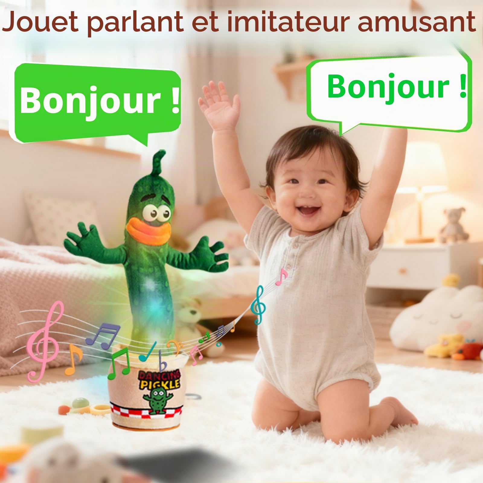 Cornichon interactif parlant dansant Jouet bébé 0-6 mois Cadeau garçons filles Chante imite enregistre répète 120 chansons Volume réglable