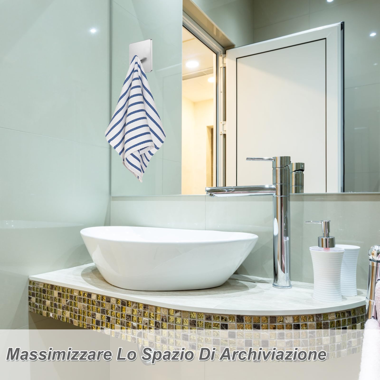 Set Porta Asciugamani Da Bagno Adesivo - 4 Pezzi In Acciaio Inox, Senza Foratura, Per Asciugamani E Accappatoi - Foto 8