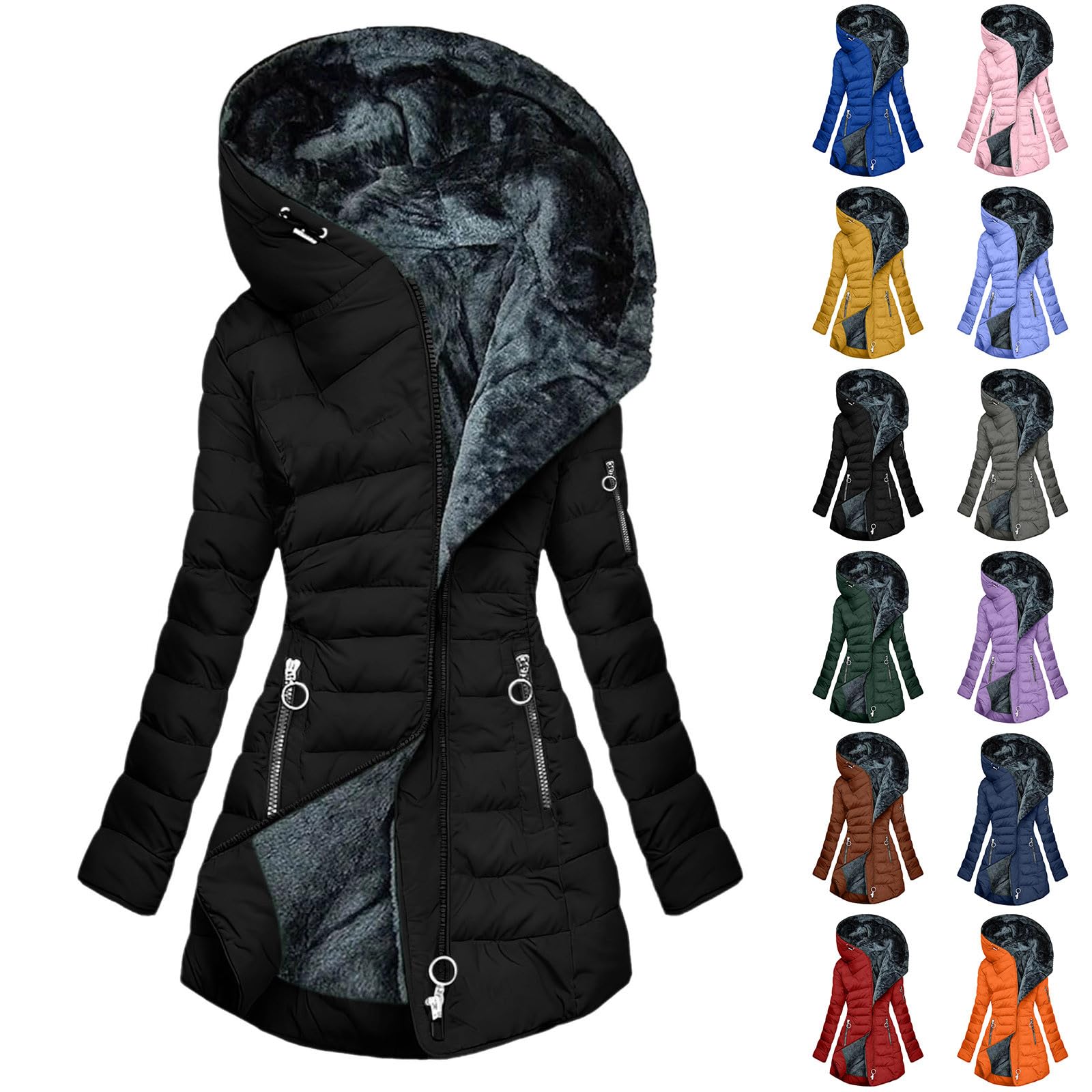 Generisch Winterjacke Damen Steppjacke einfarbig mit Kapuze und Reißverschluss warm gefüttert winddicht lange Ärmel modische Freizeitjacke für Alltag Reisen und Spazieren