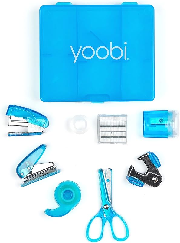 Yoobi Blue Mini kit de suministros de oficina – Mini kit de suministros escolares para niños y adultos – Incluye tijeras, mini grapadora, quitagrapas, grapas, dispensador de cinta y más – Kit de suministros para la escuela, el hogar o la oficina