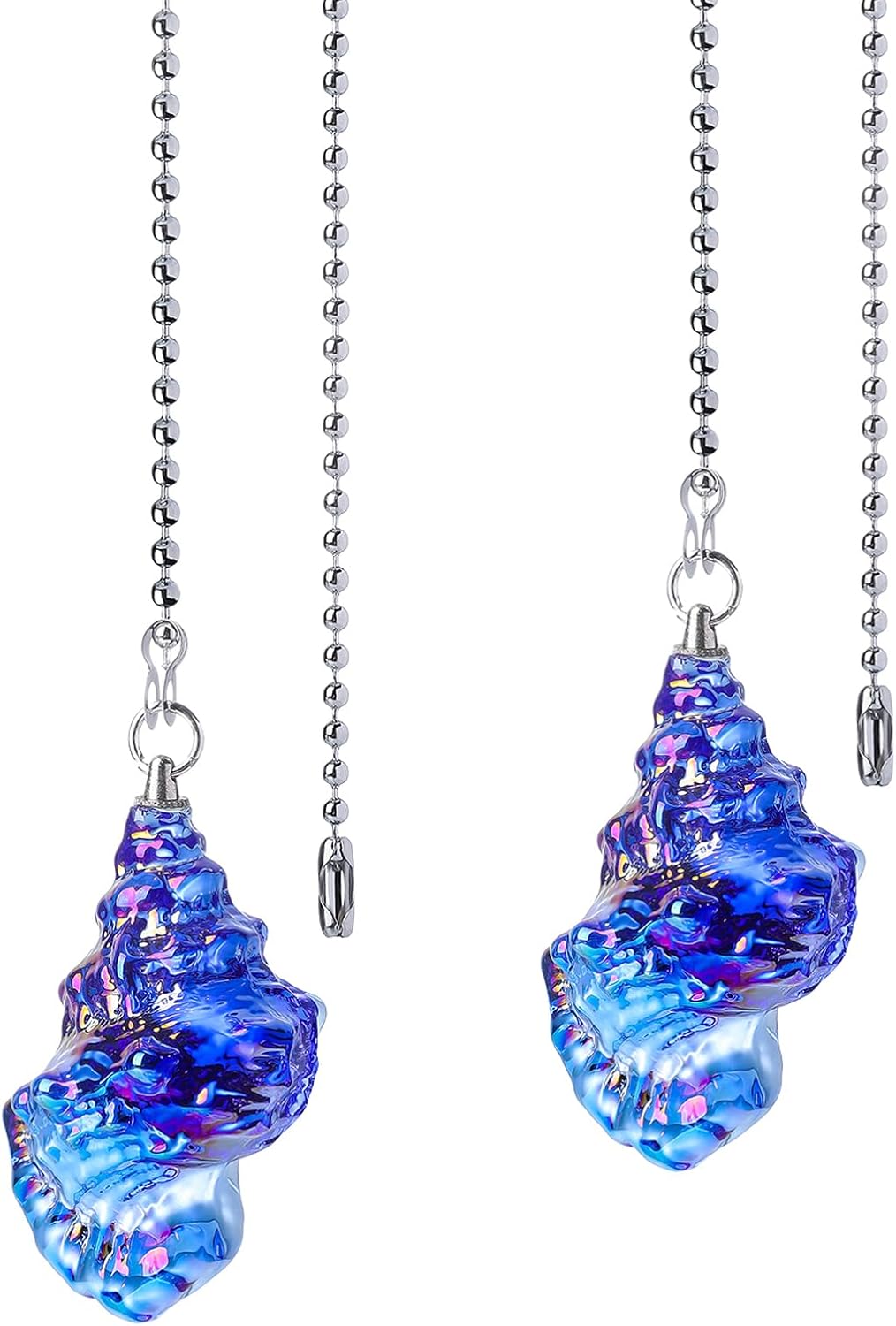 LONGSHENG - SINCE 2001 - 2 Pack Ceiling Fan Pull Chain, 20 inch Ceiling Pulls Extension Chains with 4 Connectors,Blue Glass Conch Ornament Pull Chains