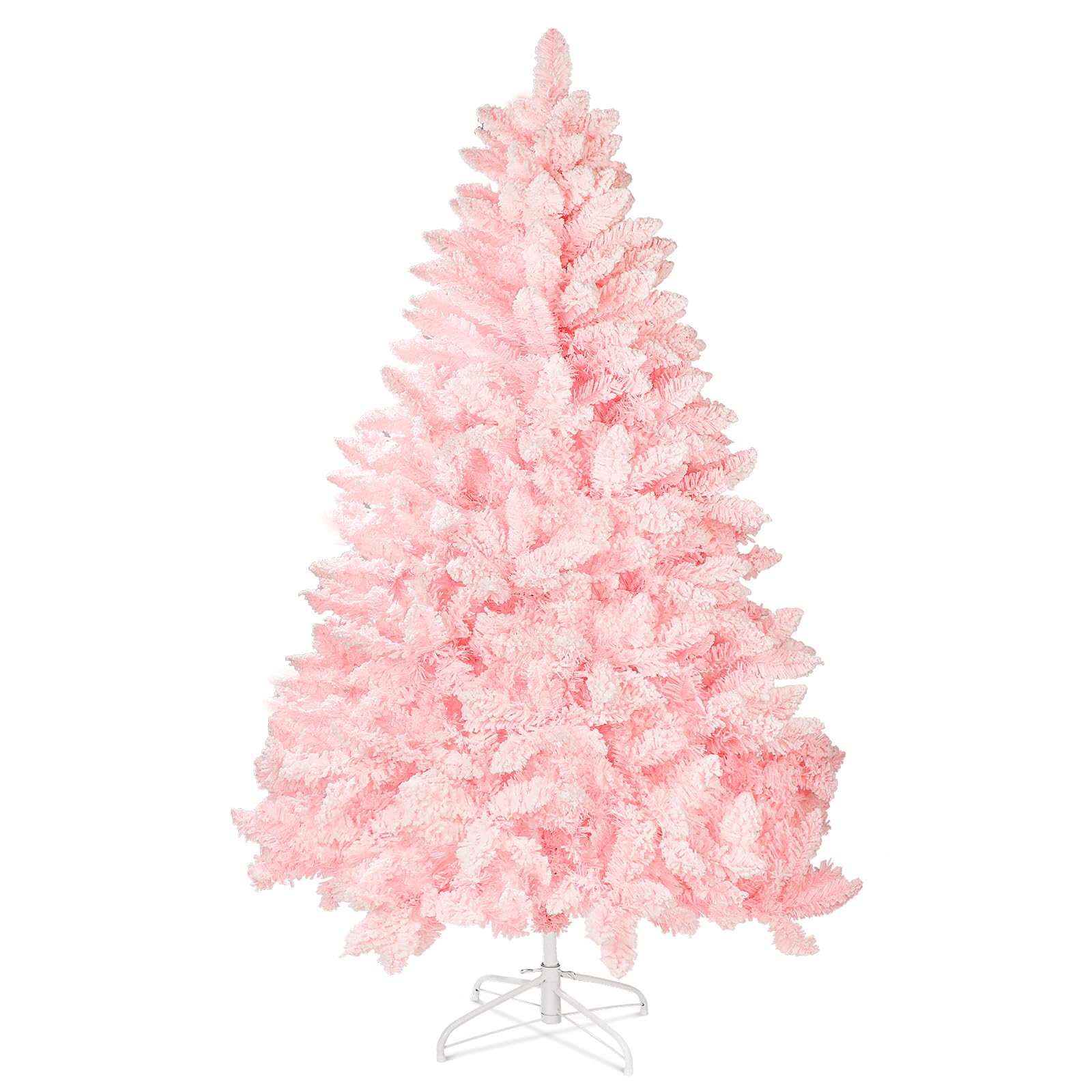 6 FT Snow Flocked Artificial Christmas Tree, Full Xmas Tree with 1000 Automatically Expanding Branch Tips, Foldable Metal Stand and Hinged Branches, Holiday Decoration for Home, Party, Pink