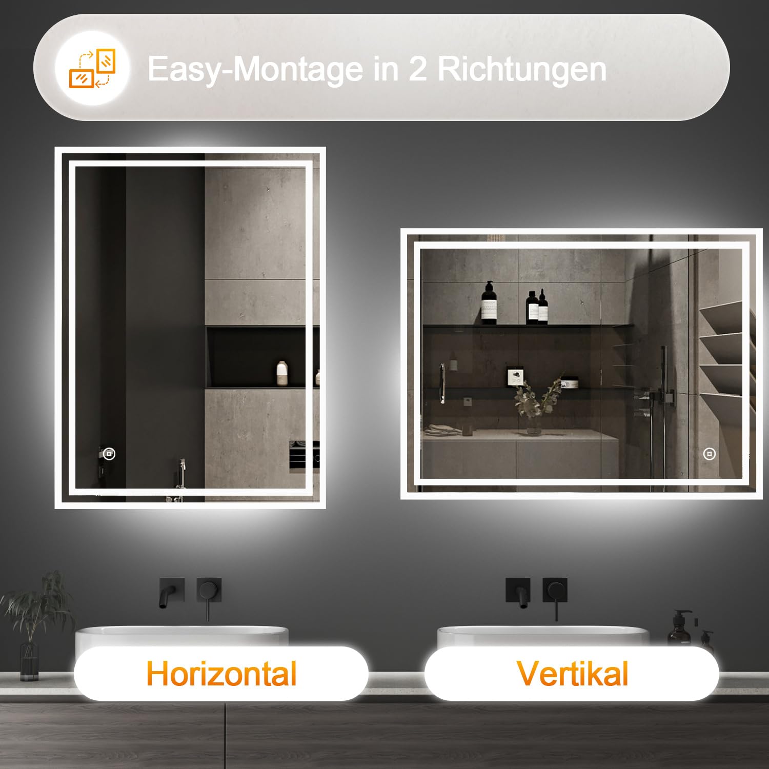Borama LED Badspiegel 80x60cm mit Touchschalter, 3 Lichtfarben dimmbar, beleuchteter Wandspiegel