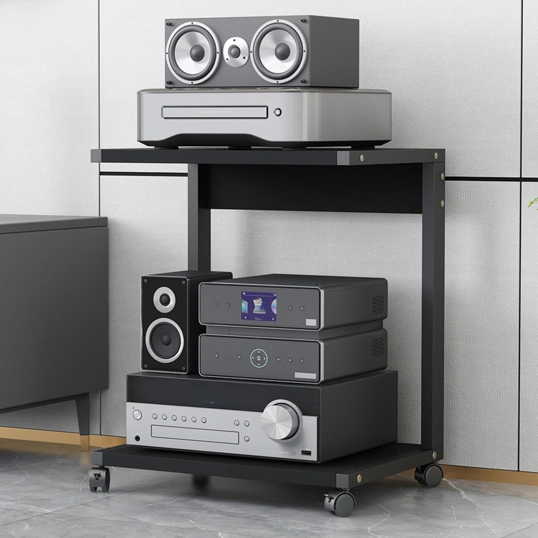 Mueble Equipo HiFi,Soporte Altavoz,Mueble Tocadiscos,Mesa Auxiliar con Ruedas,Mueble Soporte Impresora Móvil de Madera,Mueble TV de 2 Niveles,para Hogar Oficina Escuela(Nero,50x40x65cm)