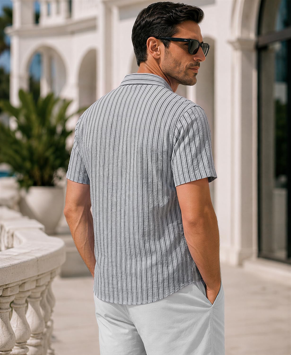 KYKU Men's Striped Shirts Short Sleeve Button Down Textured Beach Shirt image 3