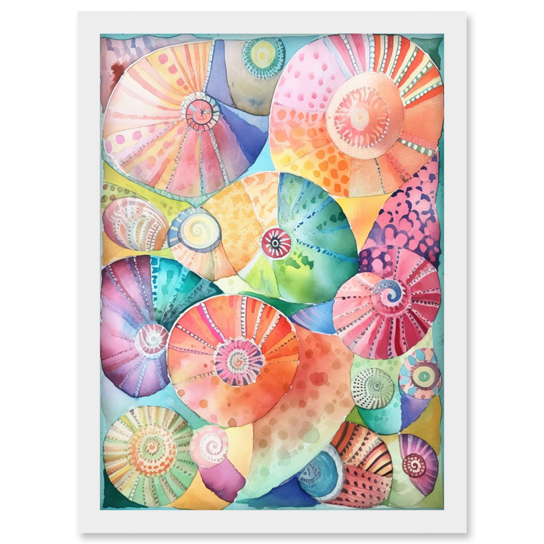Artery8 Pastel Colour Seashells Folk Art Artwork Framed Wall Art Print A4