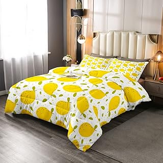 Juego de edredón de limón para niños y niñas, diseño fresco Kawaii, color amarillo, vibrante, 3 piezas, tamaño doble