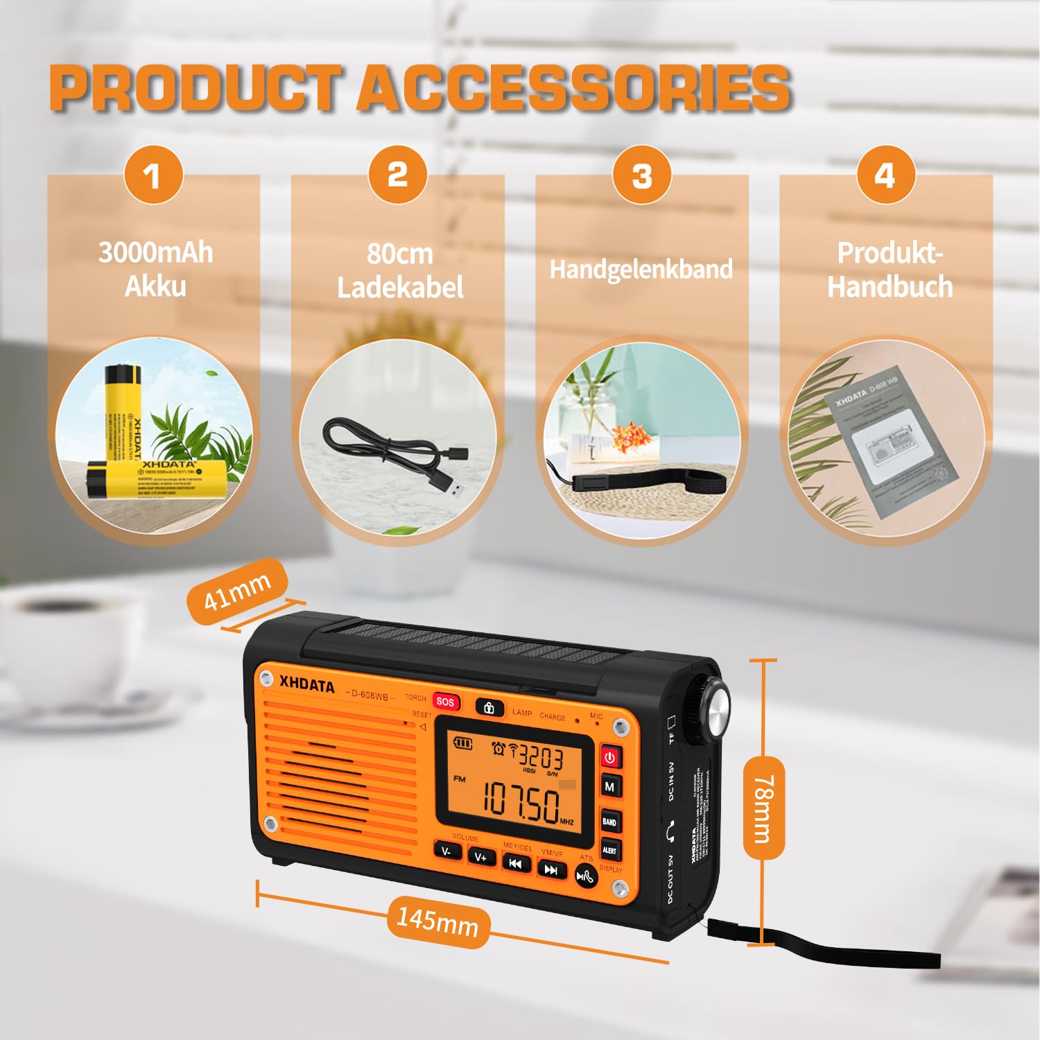 XHDATA D608WB Tragbares Notfall Radio mit Kurbel Solarradio mit Kurbel 3000mAh Akku Wiederaufladbares LED Taschenlampe und Leselicht SOS Alarm FM/MW/SW Bluetooth-Musik für Outdoor und Camping