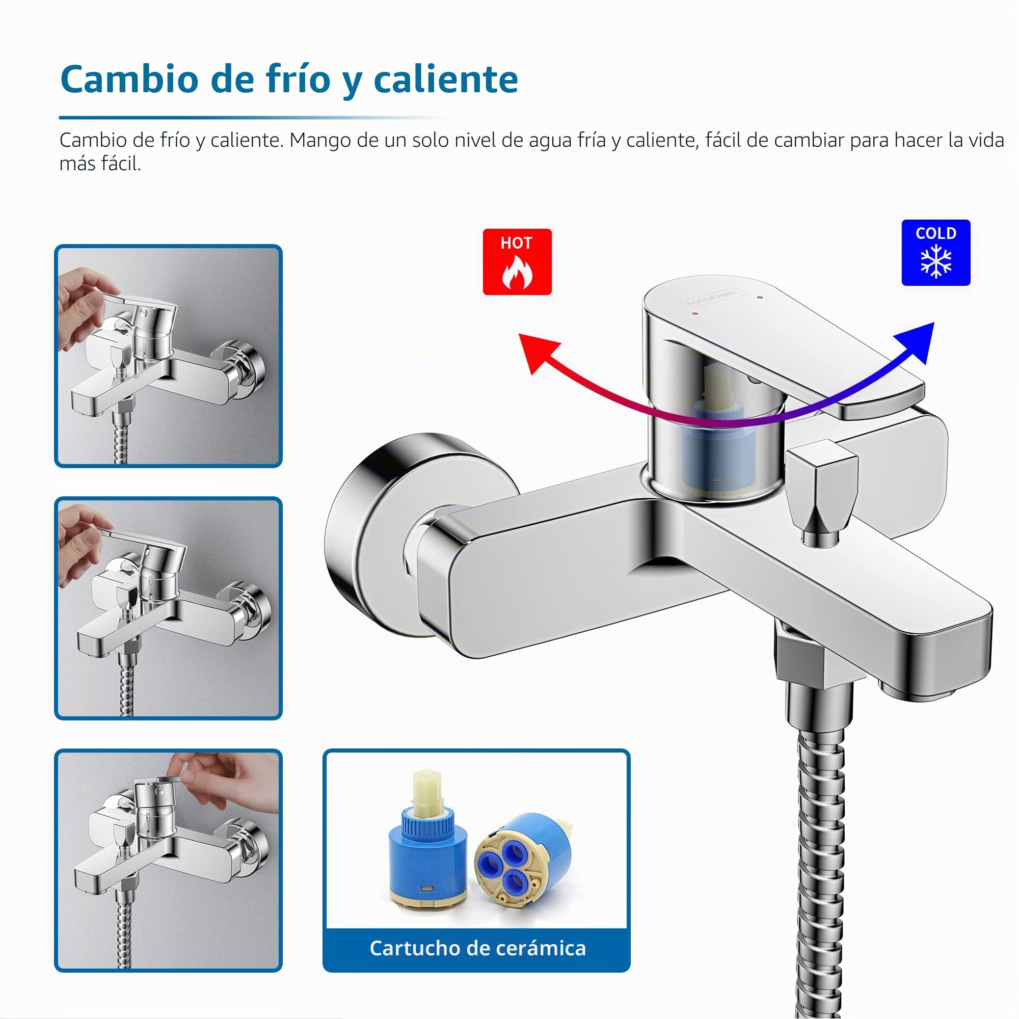 Grifo mezclador ducha Korec, grifo ducha monomando, cartucho cerámico baño, material latón, cromo, medida G1/2. (Vintage)